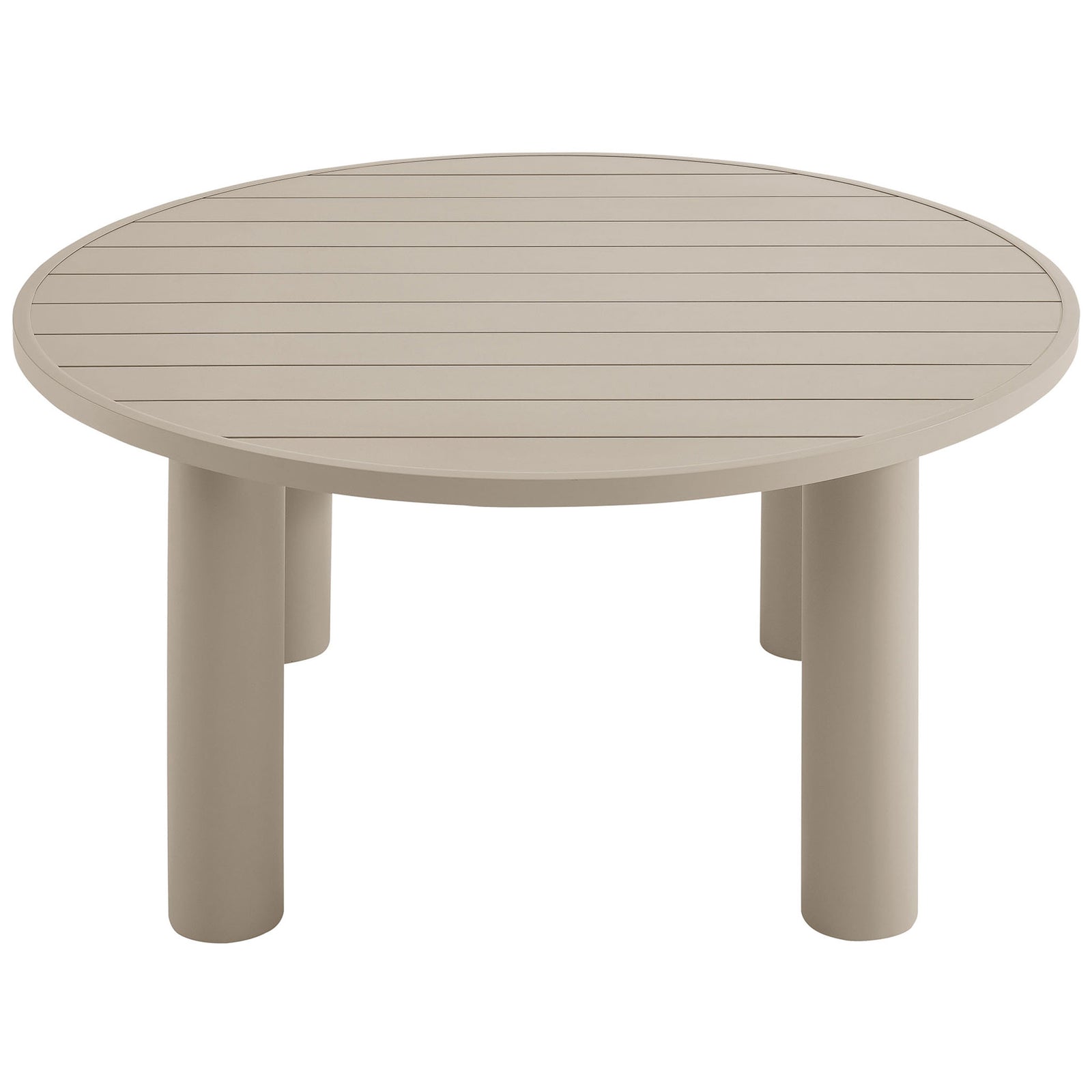 Taupe round dining table highlighting its slatted aluminum top and rounded legs that soften contemporary patio settings || EEI-6981-TAU || front_angle_studio