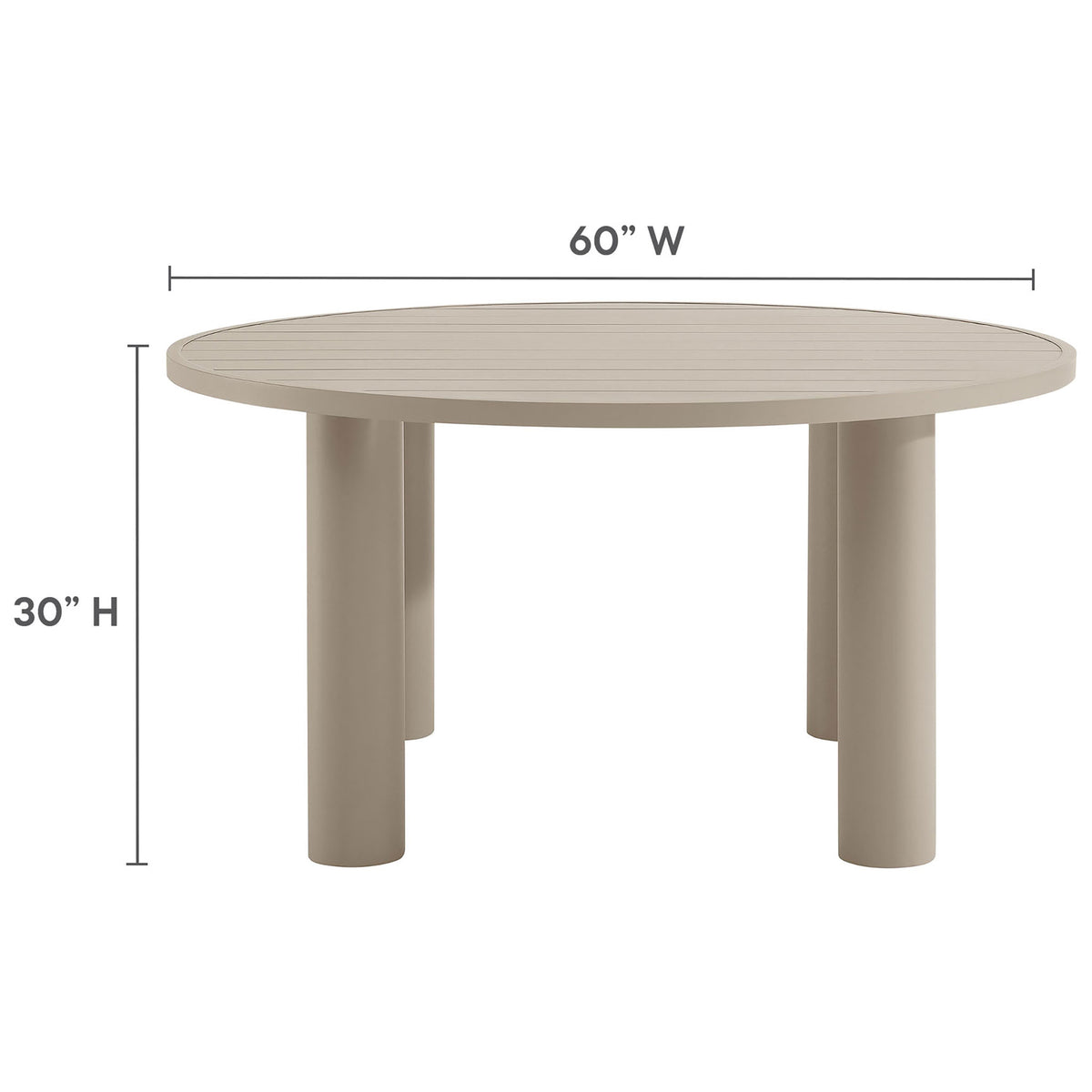 Taupe round outdoor dining table with slatted top and measurements showing about 60 inches wide and 30 inches high || EEI-6981-TAU || dimension_studio