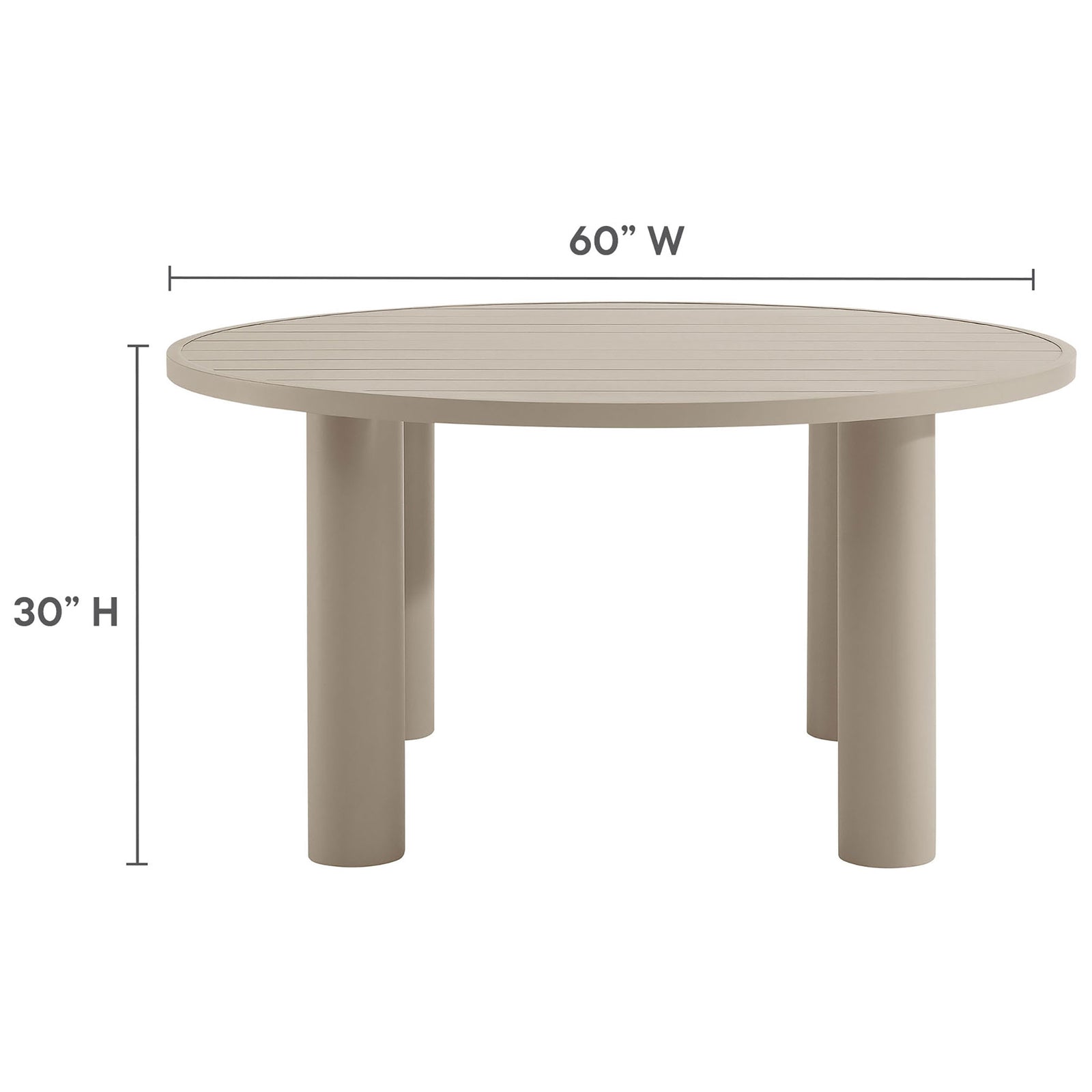 Taupe round outdoor dining table with slatted top and measurements showing about 60 inches wide and 30 inches high || EEI-6981-TAU || dimension_studio
