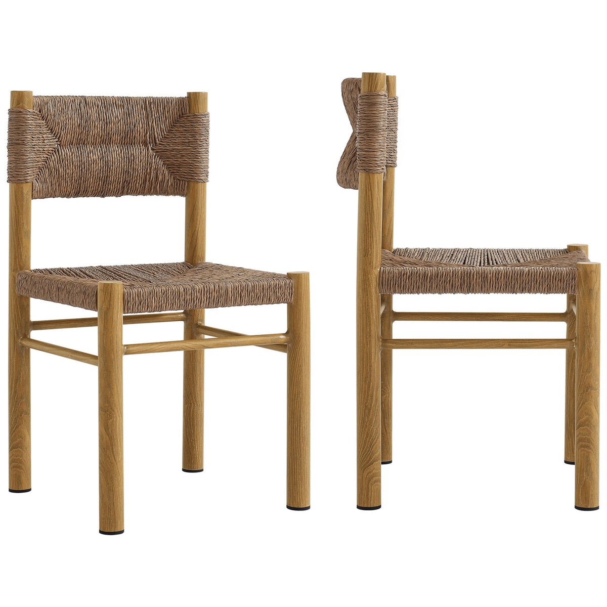 Pair of natural rattan dining chairs with matching woven seats and backs for a coordinated outdoor set || EEI-6982-NAT || front_angle_multi_studio