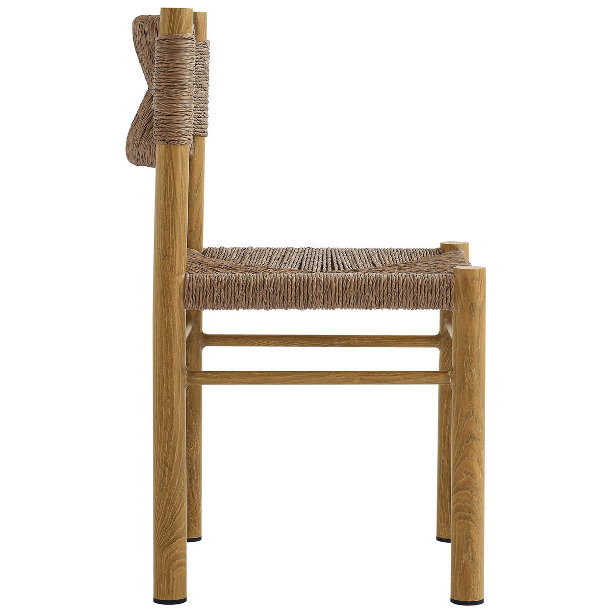 Sleek profile of the natural rattan patio chair showcasing the slim wood grain legs and side stretchers || EEI-6982-NAT || side_studio