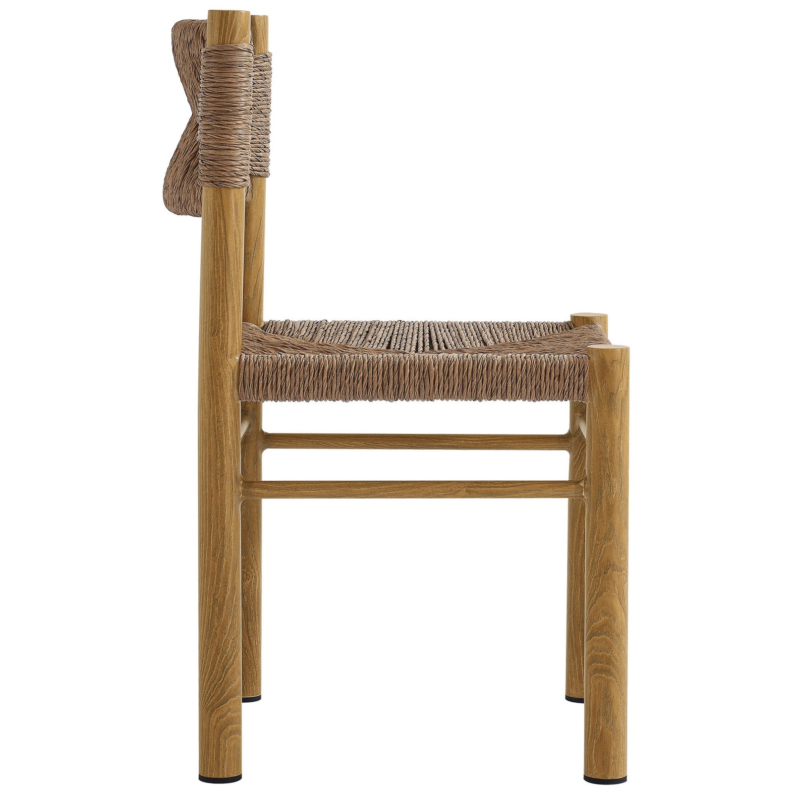 Sleek profile of the natural rattan patio chair showcasing the slim wood grain legs and side stretchers || EEI-6982-NAT || side_studio