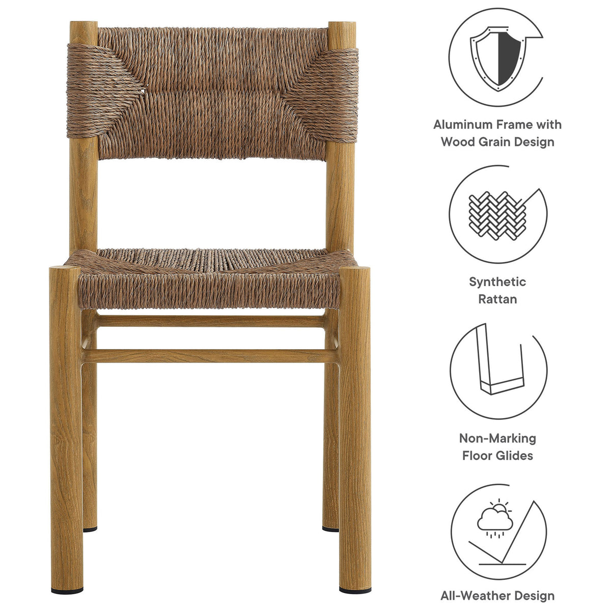 Natural rattan dining chair with icons highlighting aluminum wood grain frame, synthetic weave, and all weather design || EEI-6982-NAT || callout_studio
