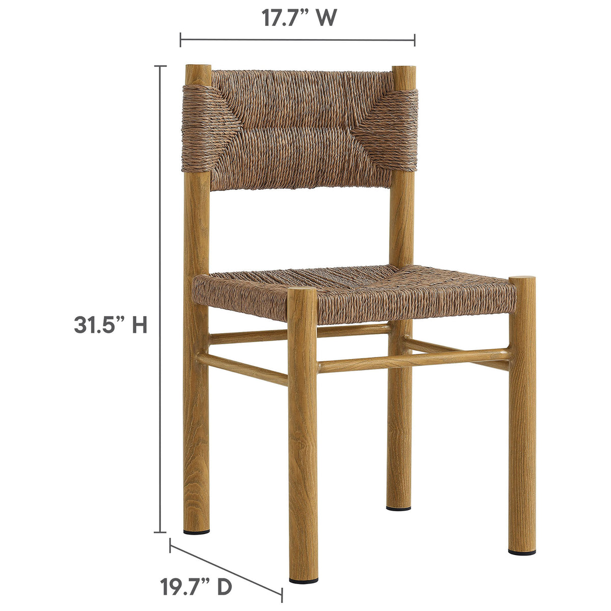 Natural rattan dining chair shown with measurements for width, depth, and height to guide outdoor seating fit || EEI-6982-NAT || dimension_studio