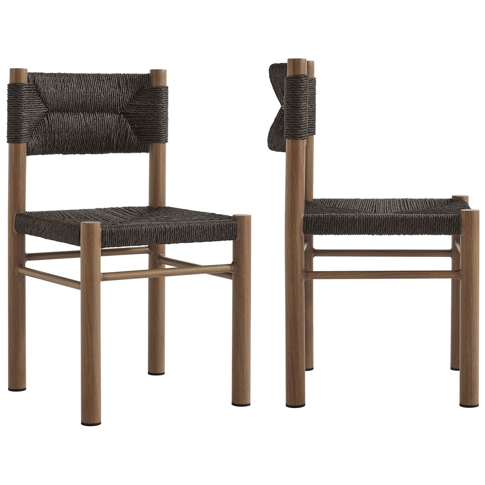 Pair of walnut rattan dining chairs with matching woven seats and backs for a modern coordinated set || EEI-6982-WAL || front_angle_multi_studio