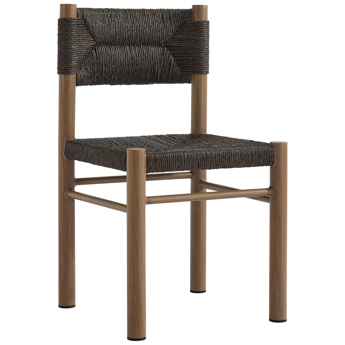 Walnut rattan dining side chair with wraparound weave and dual stretchers for durable everyday patio seating || EEI-6982-WAL || front_angle_studio