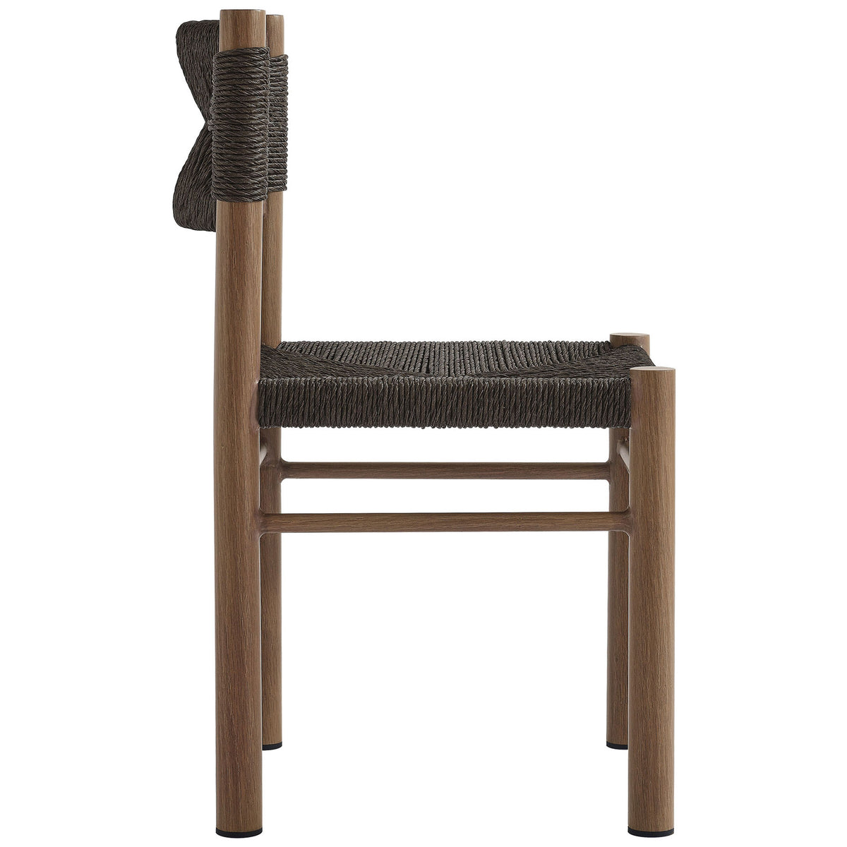 Slim silhouette of the walnut rattan chair accenting the straight legs and side support bars || EEI-6982-WAL || side_studio