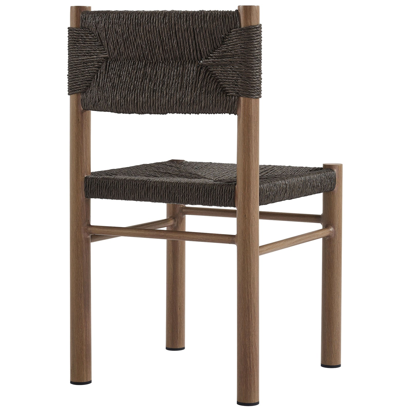 Back of the walnut rattan dining chair highlighting the wrapped corners and reinforced crossbar supports || EEI-6982-WAL || back_angle_studio