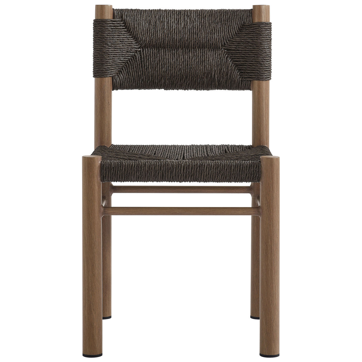 Walnut tone rattan outdoor dining chair with structured woven backrest and square seat on a wood grain frame || EEI-6982-WAL || front_studio