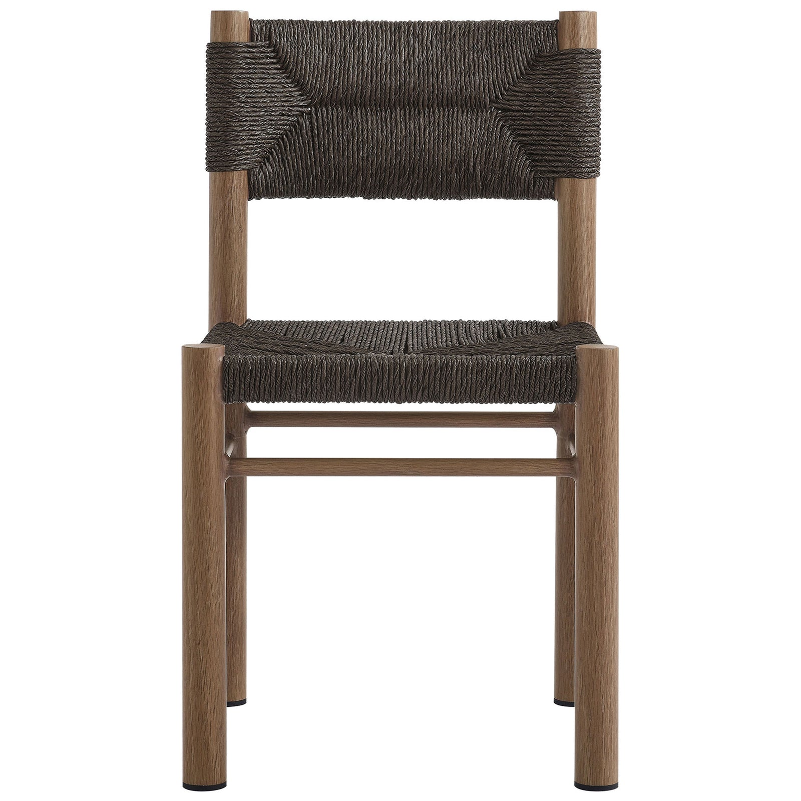 Walnut tone rattan outdoor dining chair with structured woven backrest and square seat on a wood grain frame || EEI-6982-WAL || front_studio
