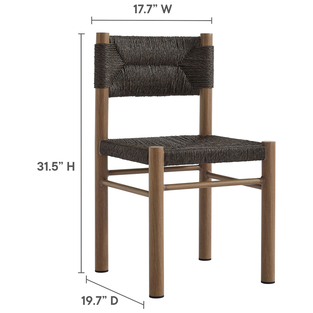 Walnut rattan dining chair shown with measurements for width, depth, and height to plan outdoor seating fit || EEI-6982-WAL || dimension_studio