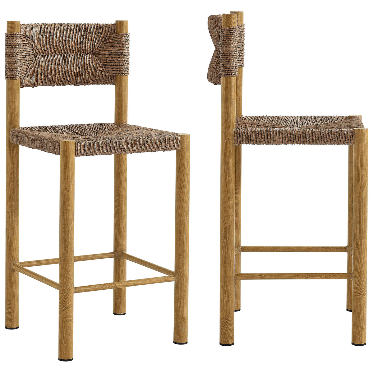 Set of two matching counter stools with woven rattan seats and light wood-look frames || EEI-6983-NAT || front_angle_multi_studio