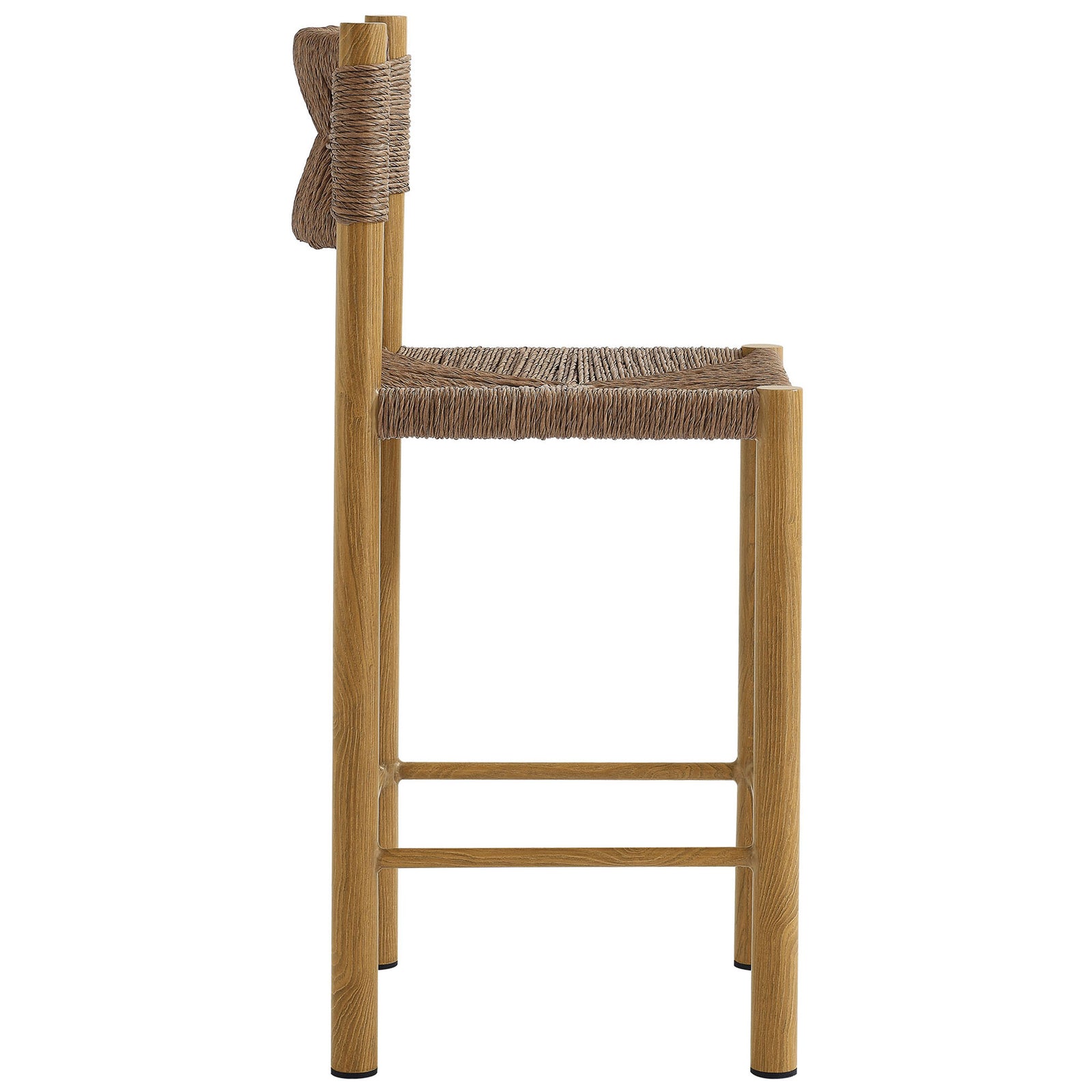 Slim profile of the counter stool highlights sturdy footrests and rounded wood-grain legs || EEI-6983-NAT || side_studio