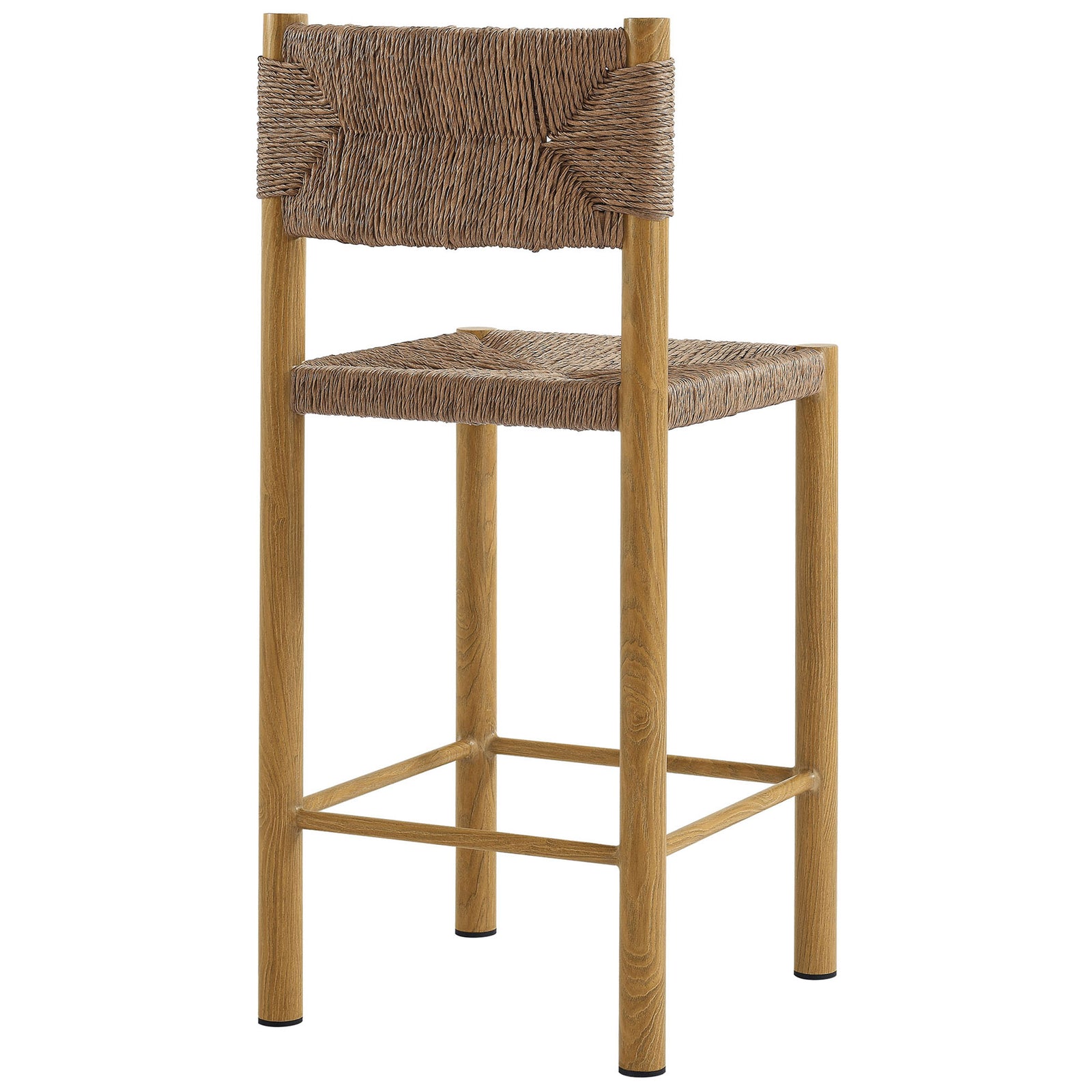 Counter stool back features intricate chevron rattan weave wrapped around smooth natural posts || EEI-6983-NAT || back_angle_studio