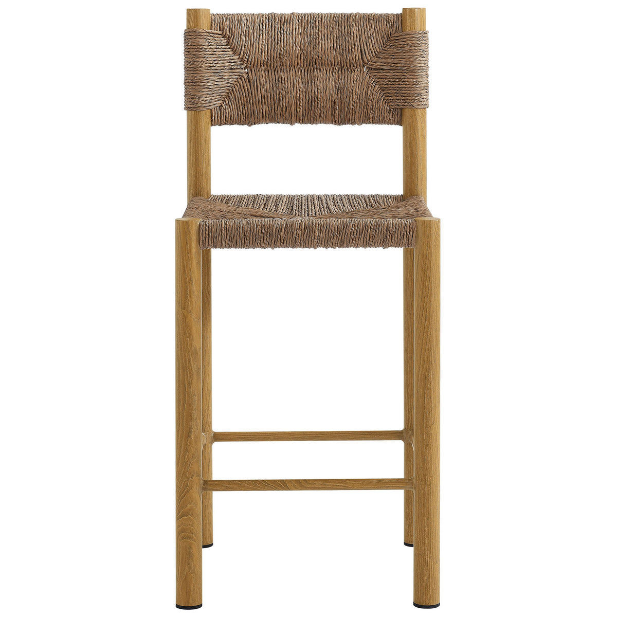 Natural woven counter stool with straight rattan backrest and wood-grain legs for modern patios || EEI-6983-NAT || front_studio