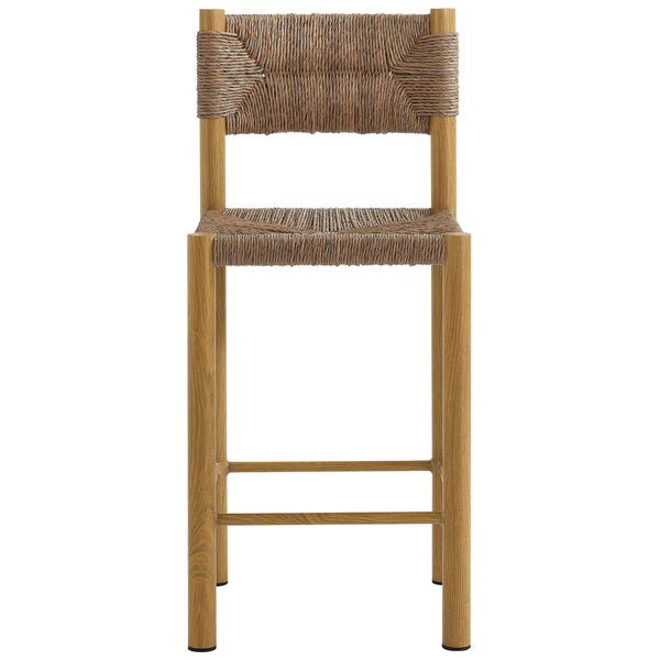 Natural woven counter stool with straight rattan backrest and wood-grain legs for modern patios || EEI-6983-NAT || front_studio