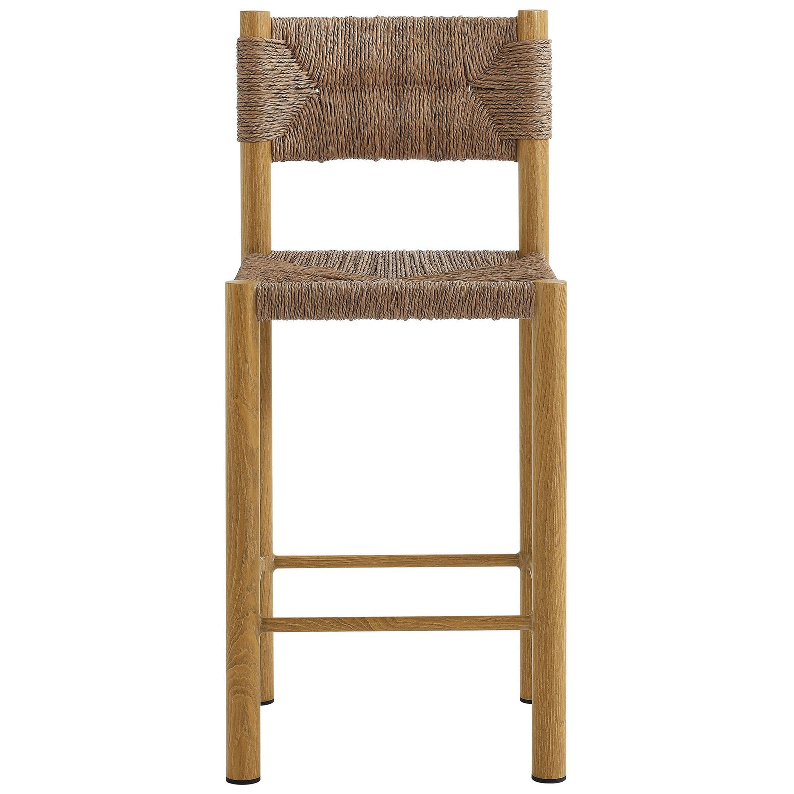 Natural woven counter stool with straight rattan backrest and wood-grain legs for modern patios || EEI-6983-NAT || front_studio