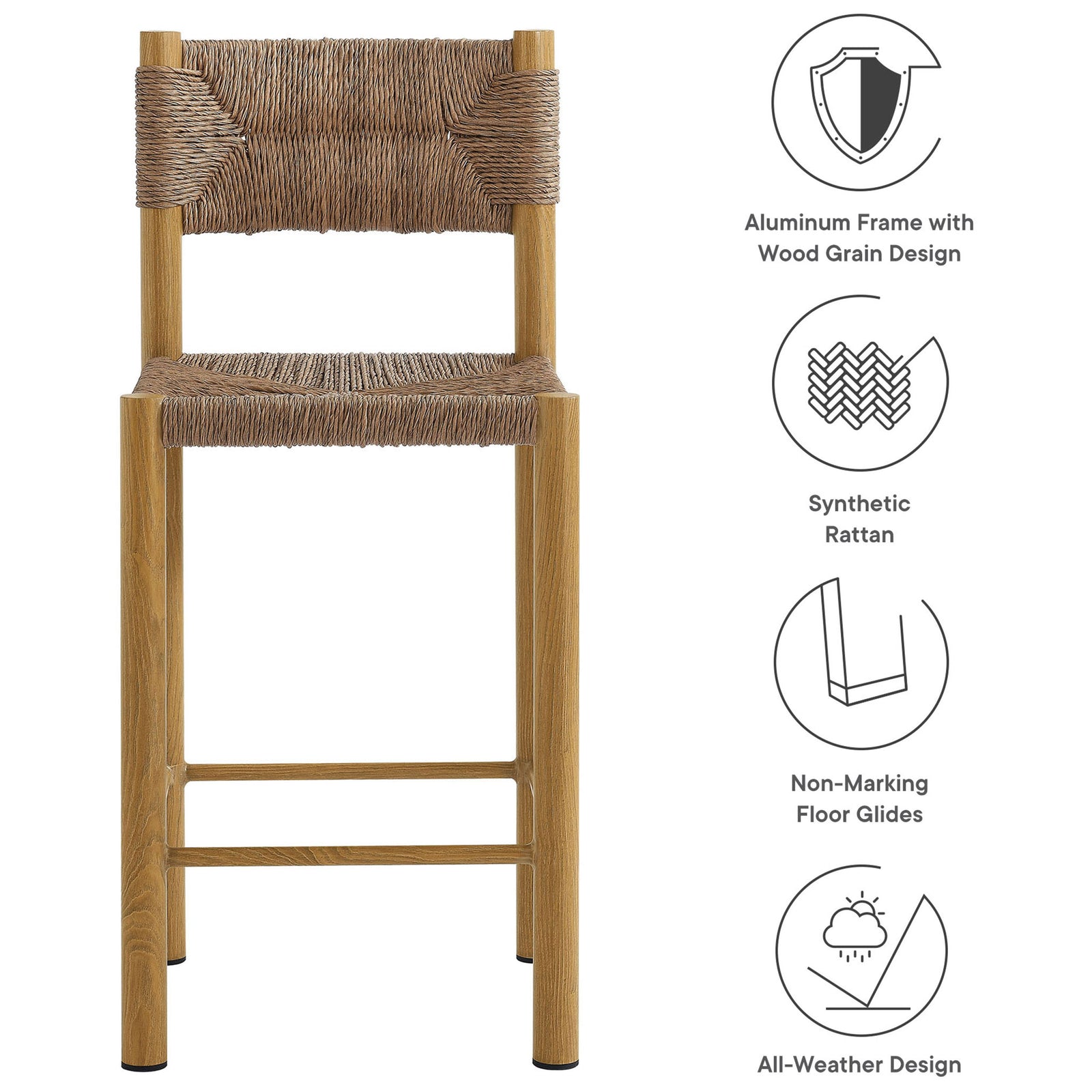 Feature graphic highlighting aluminum wood-grain frame, synthetic rattan, all-weather build, and floor-friendly glides || EEI-6983-NAT || callout_studio