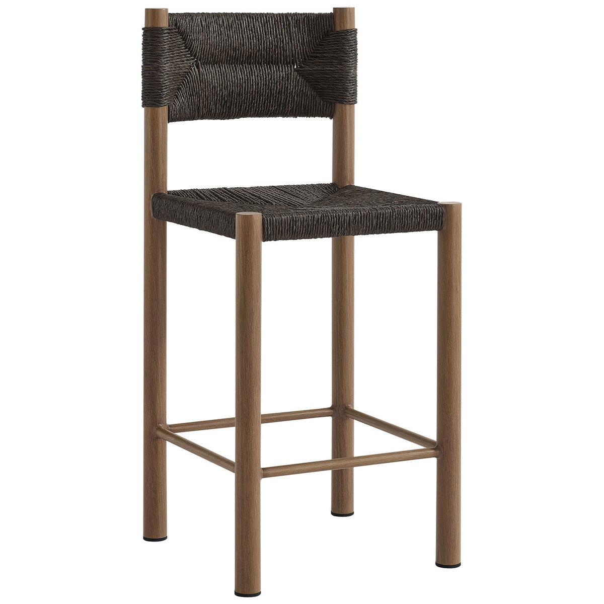 Parkland counter stool in walnut finish pairs deep rattan weave with a sleek aluminum frame || EEI-6983-WAL || front_angle_studio