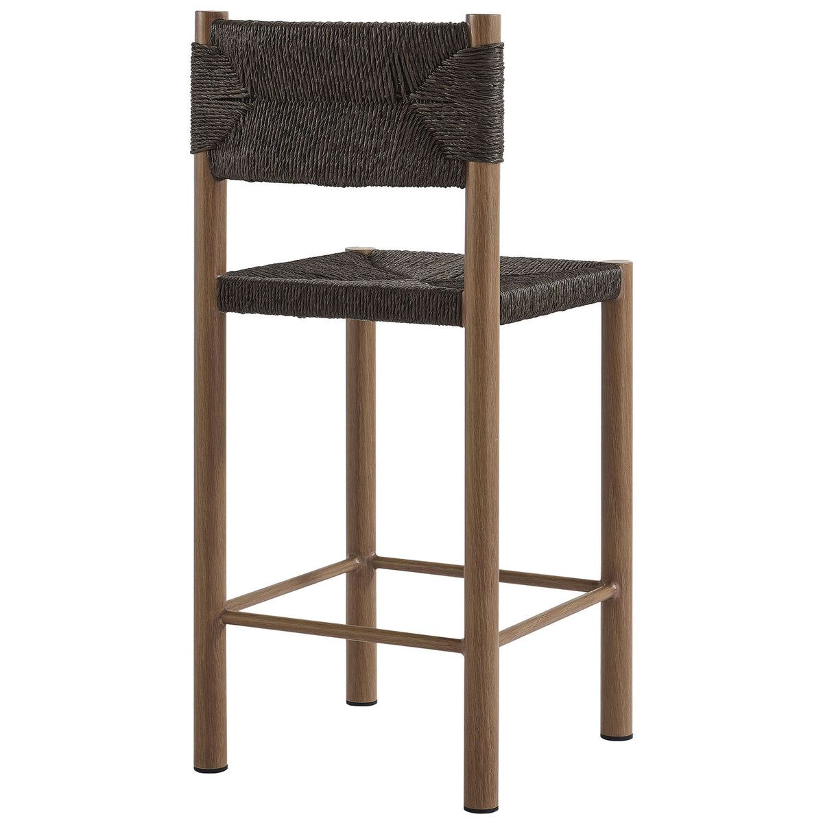 Back of the counter stool features rich dark rattan wrapped around rounded walnut posts || EEI-6983-WAL || back_angle_studio