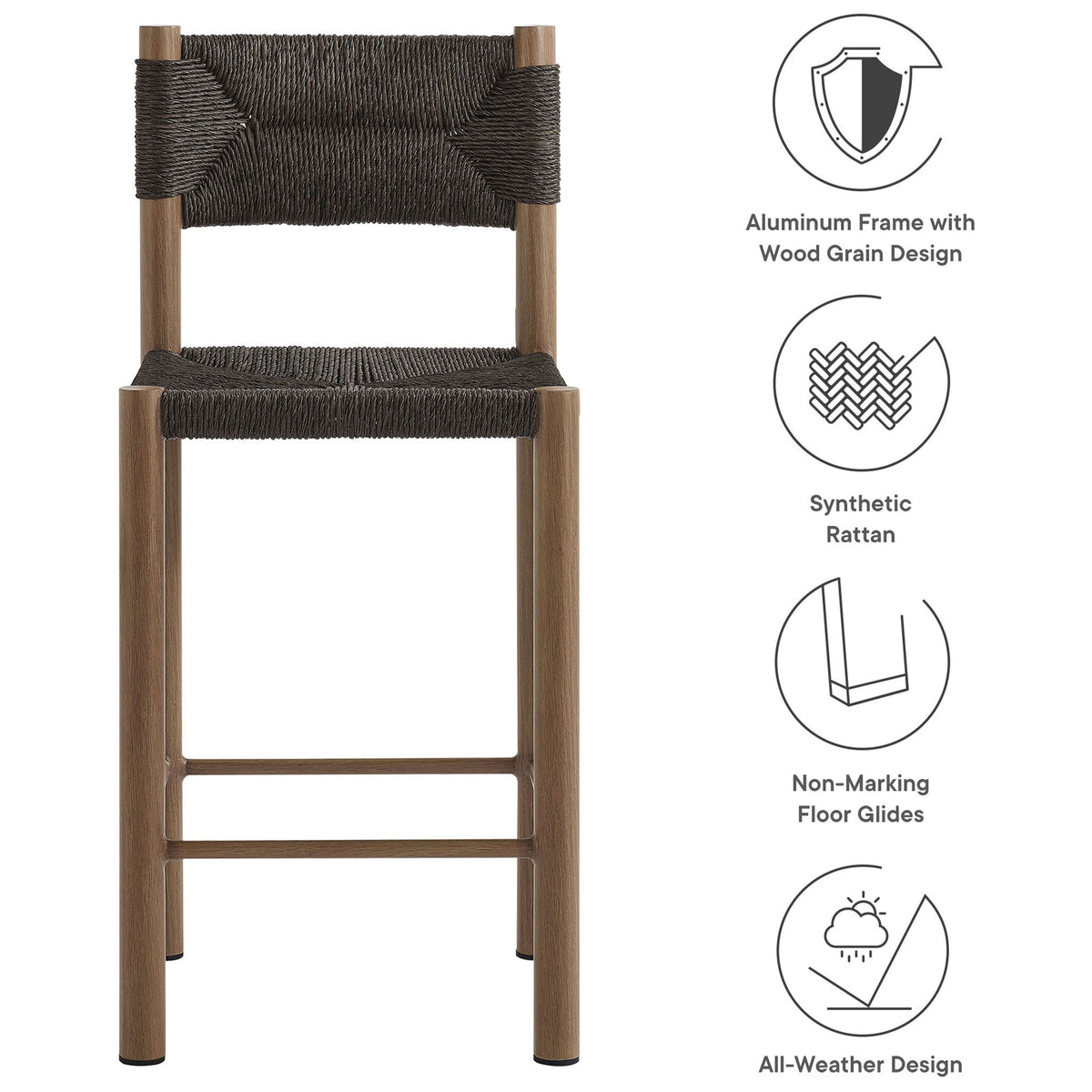 Feature graphic highlights walnut counter stool's aluminum frame, synthetic rattan, and all-weather durability || EEI-6983-WAL || callout_studio