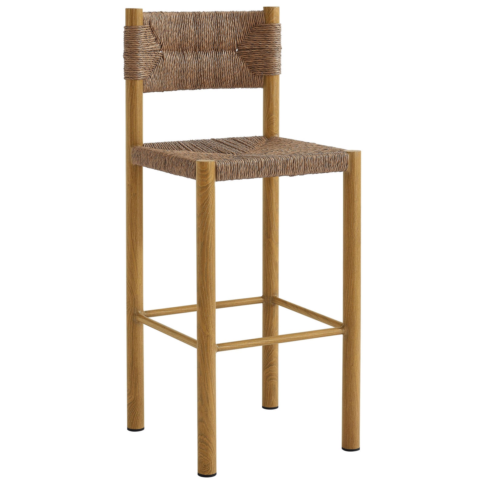 Parkland bar stool showcases tall profile with woven rattan seat and slim natural-finish frame || EEI-6984-NAT || front_angle_studio