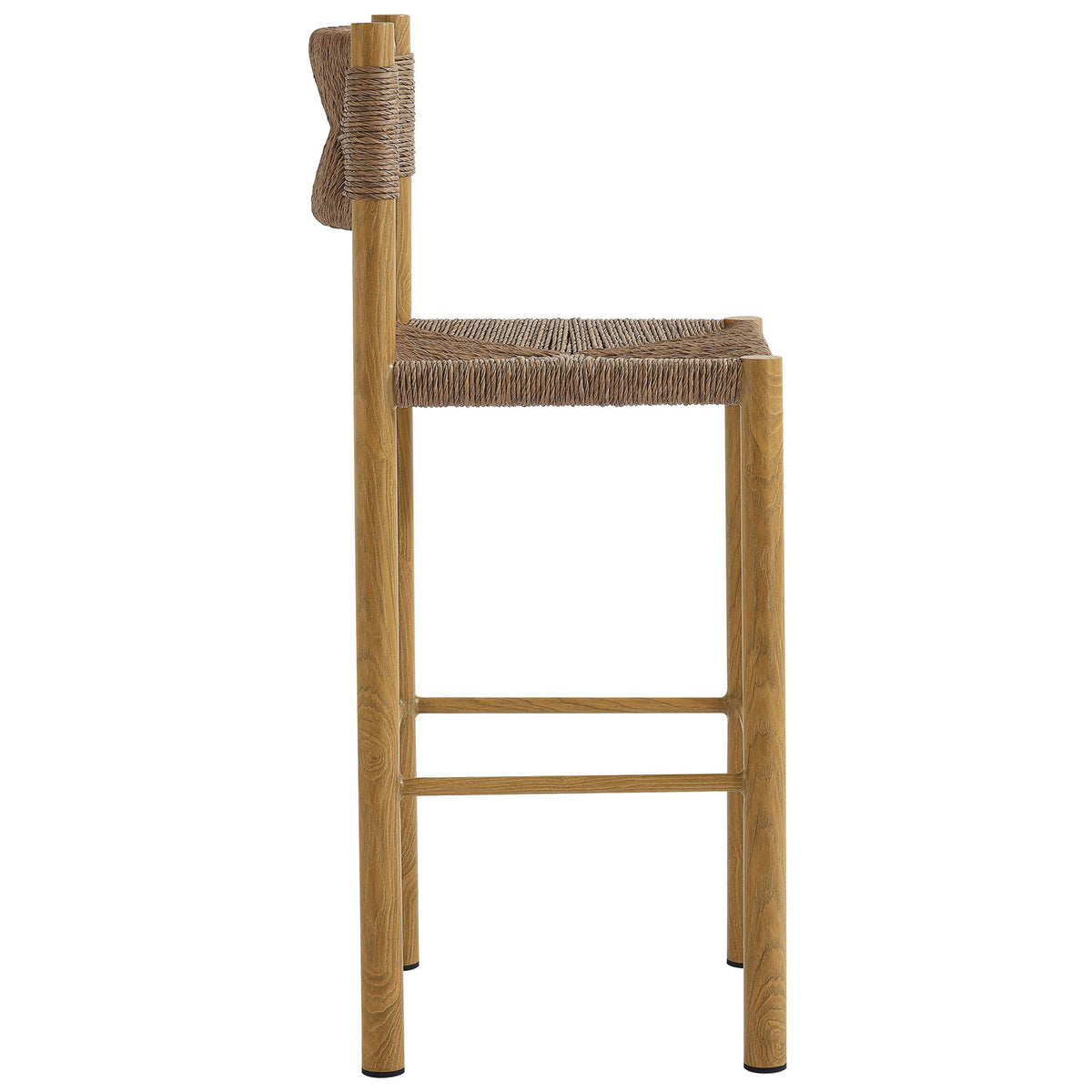 Tall bar stool emphasizes comfortable footrest placement and cylindrical wood-look legs || EEI-6984-NAT || side_studio