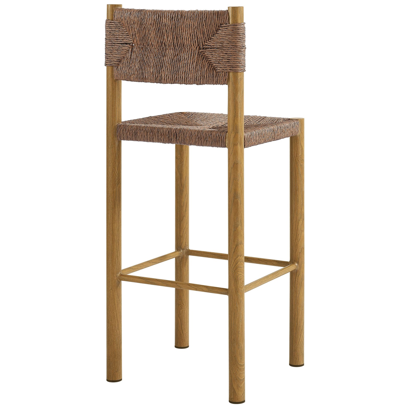 Bar stool backrest displays tightly wrapped rattan weave for supportive, textural seating || EEI-6984-NAT || back_angle_studio
