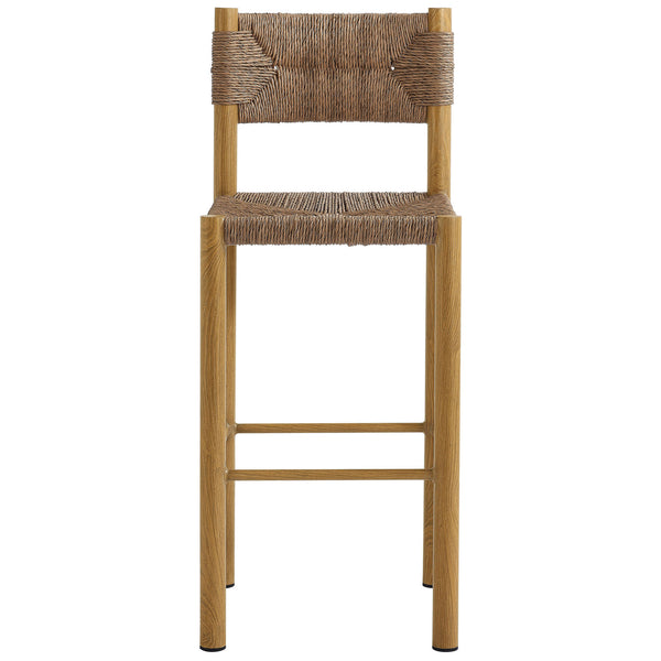 Natural woven bar stool with square rattan seat and wood-grain aluminum legs for elevated counters || EEI-6984-NAT || front_studio