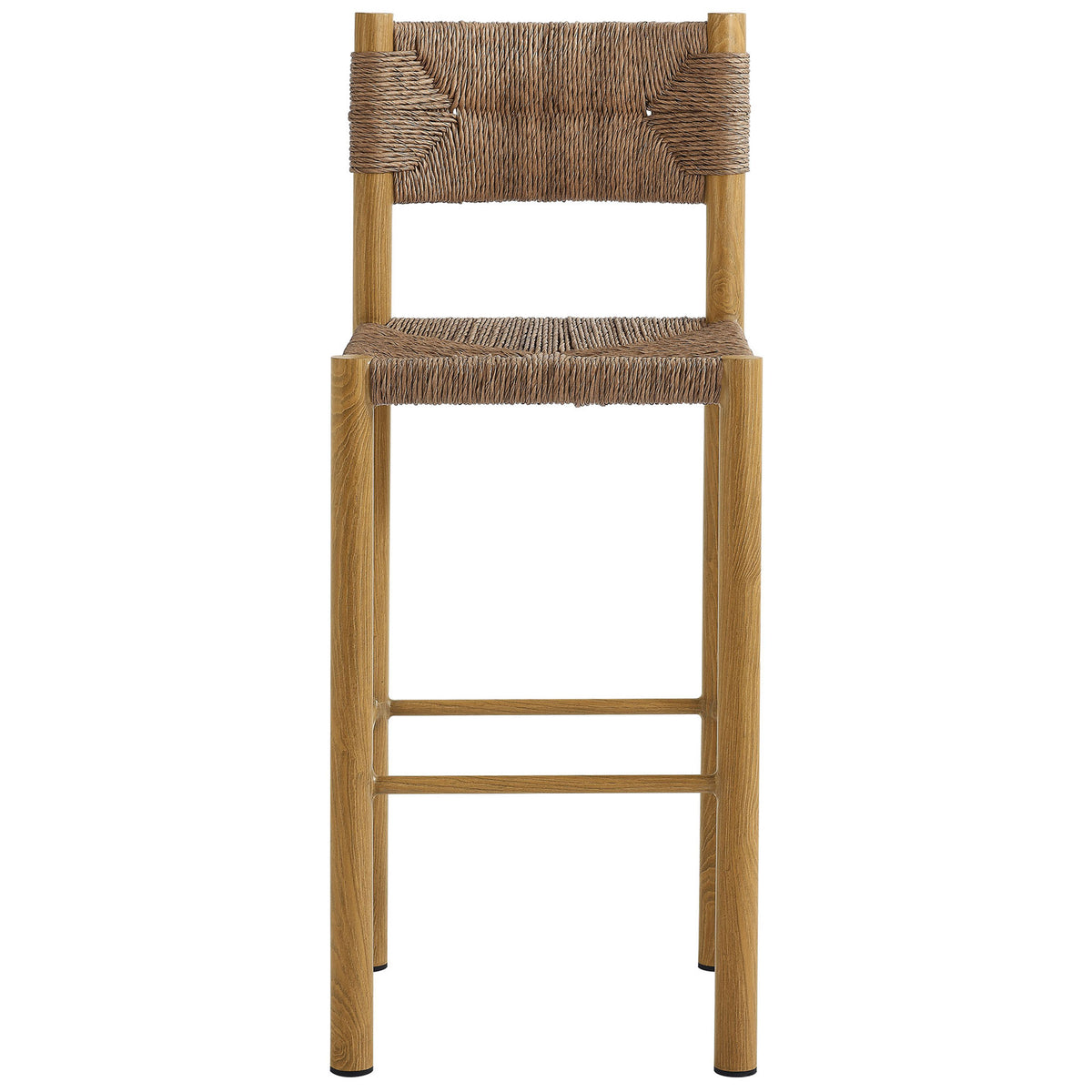 Natural woven bar stool with square rattan seat and wood-grain aluminum legs for elevated counters || EEI-6984-NAT || front_studio