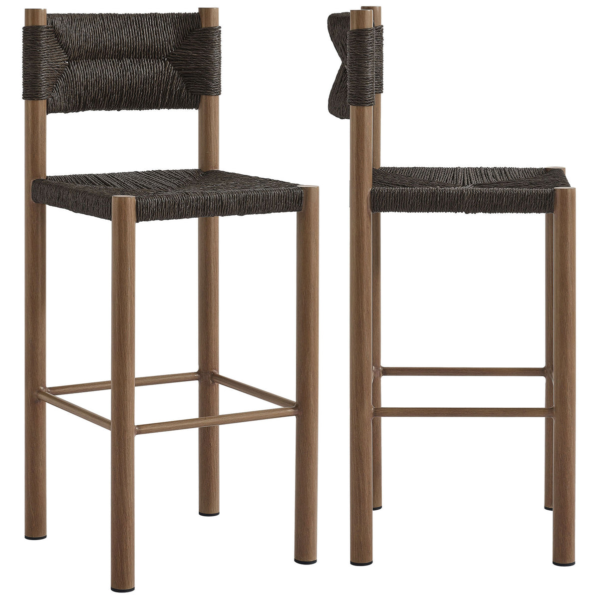 Set of two walnut bar stools delivers coordinated woven seating for high-top tables || EEI-6984-WAL || front_angle_multi_studio