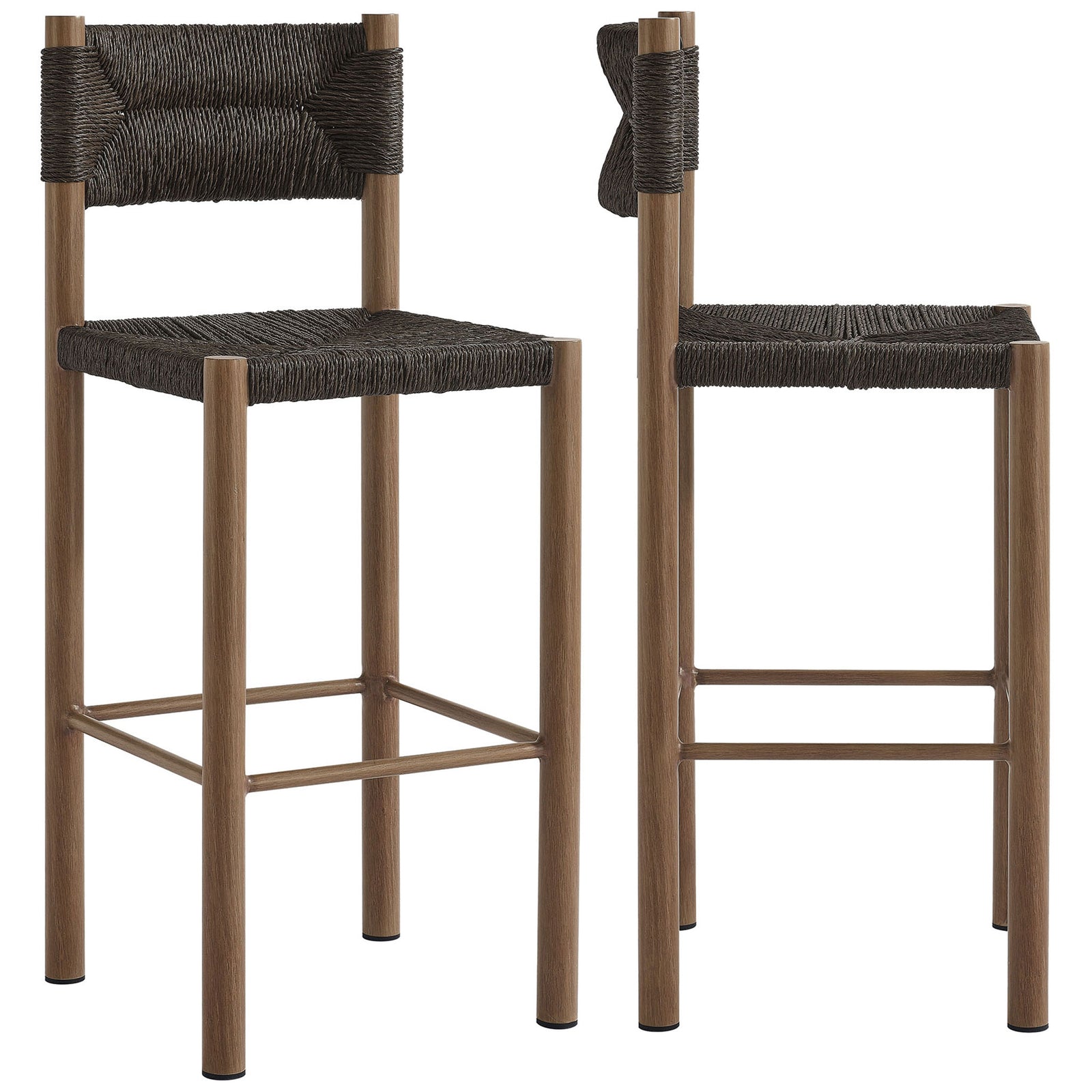 Set of two walnut bar stools delivers coordinated woven seating for high-top tables || EEI-6984-WAL || front_angle_multi_studio