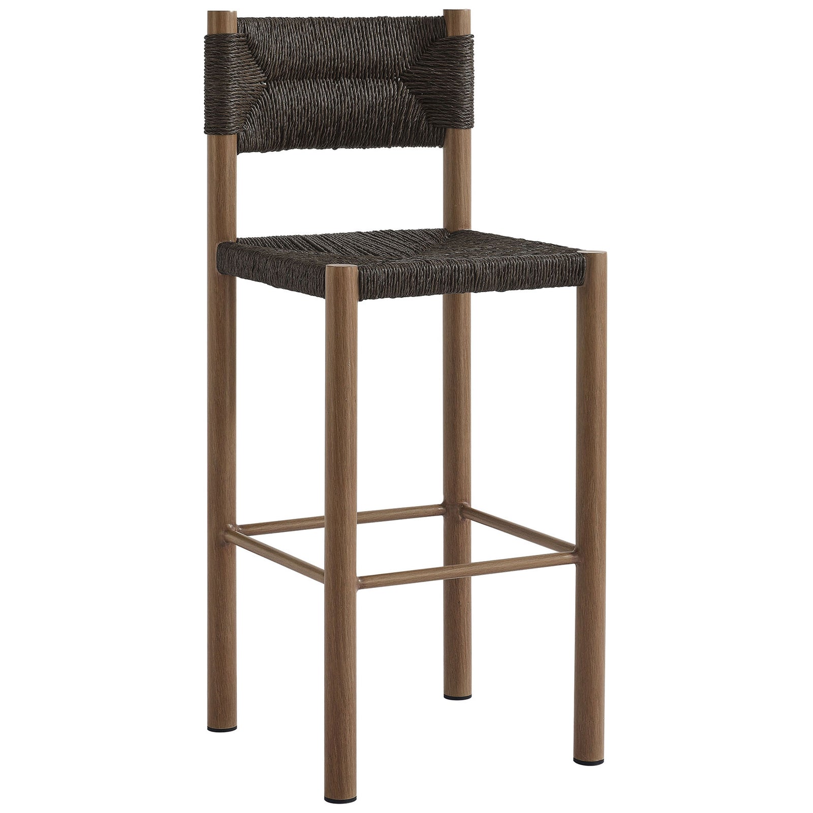 Parkland bar stool in walnut finish shows a graceful, open frame and woven rattan seat || EEI-6984-WAL || front_angle_studio