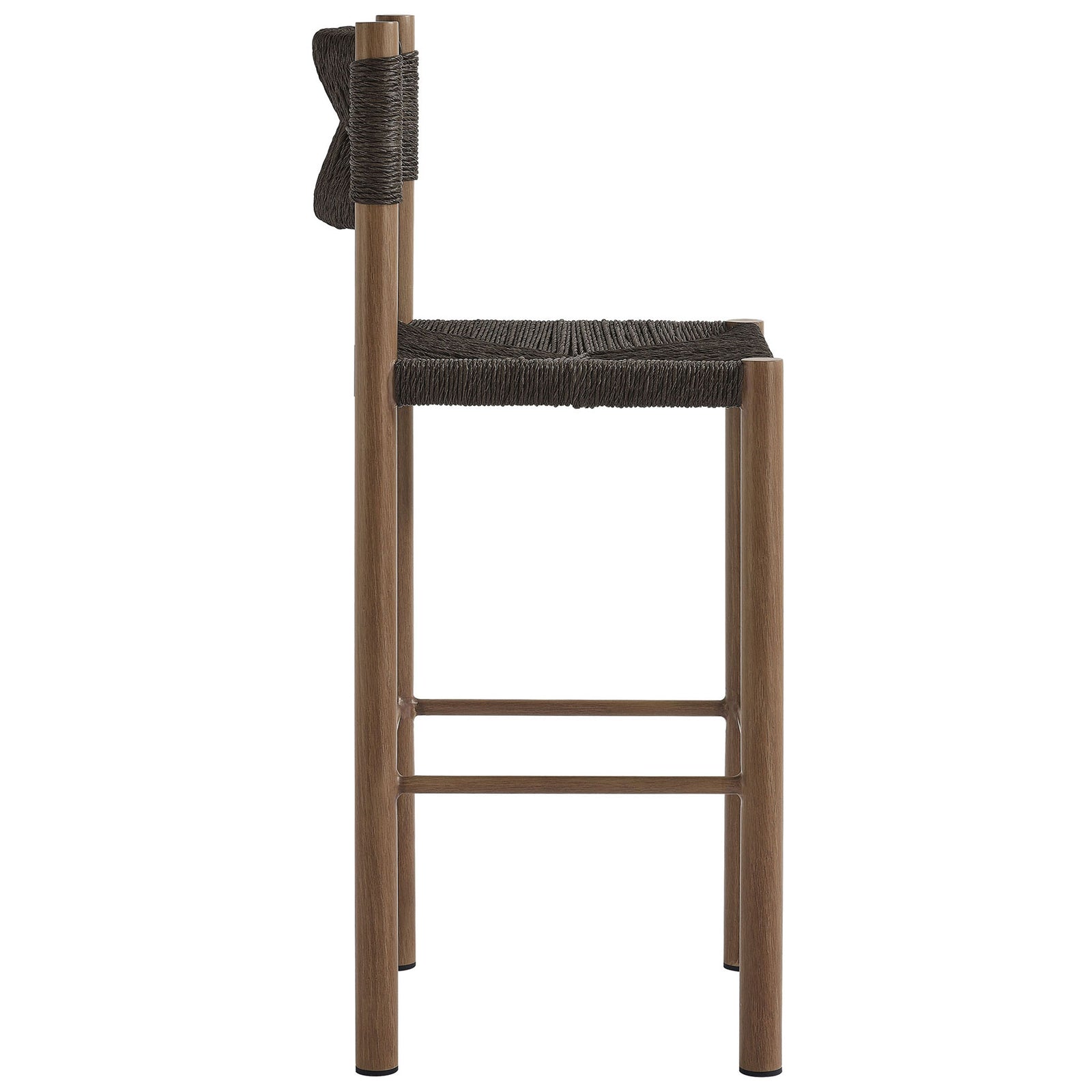 Bar stool emphasizes long, cylindrical legs and supportive mid-height footrests || EEI-6984-WAL || side_studio