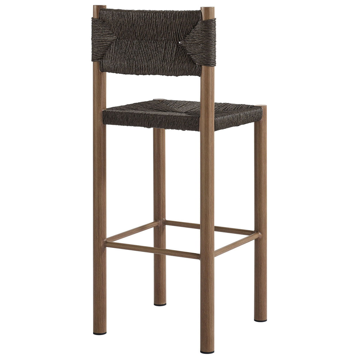 Bar stool back showcases deep rattan weave wrapped around smooth walnut-finish posts || EEI-6984-WAL || back_angle_studio