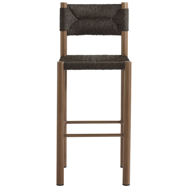 Walnut-tone woven bar stool with tall back and slim wood-grain legs for elevated seating || EEI-6984-WAL || front_studio
