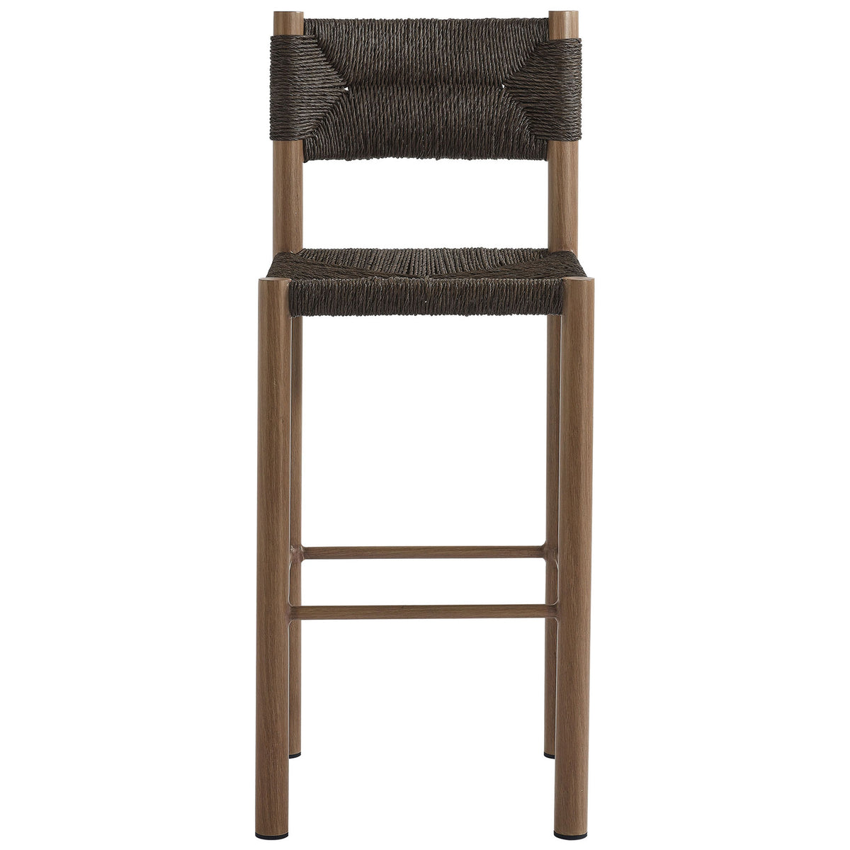 Walnut-tone woven bar stool with tall back and slim wood-grain legs for elevated seating || EEI-6984-WAL || front_studio