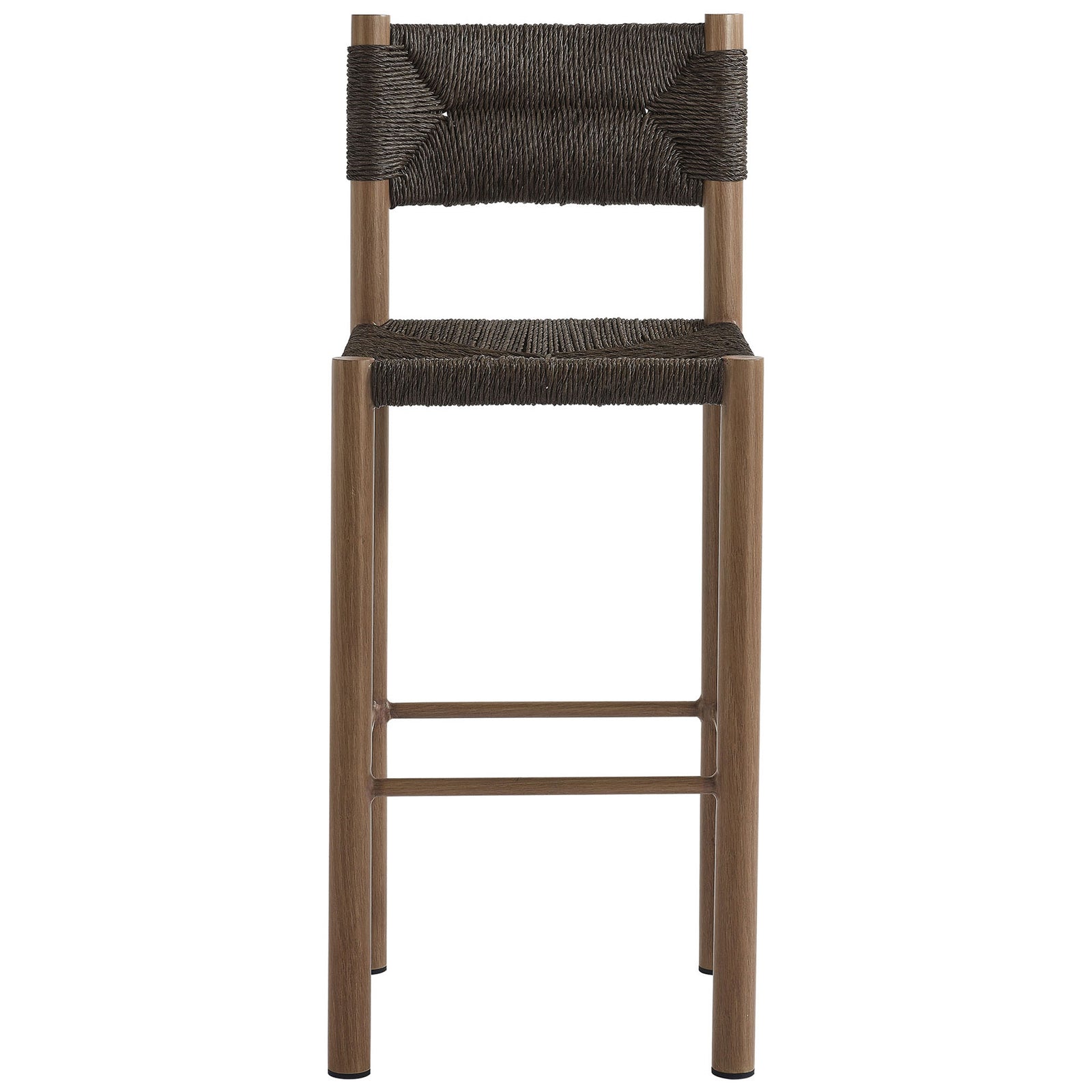 Walnut-tone woven bar stool with tall back and slim wood-grain legs for elevated seating || EEI-6984-WAL || front_studio