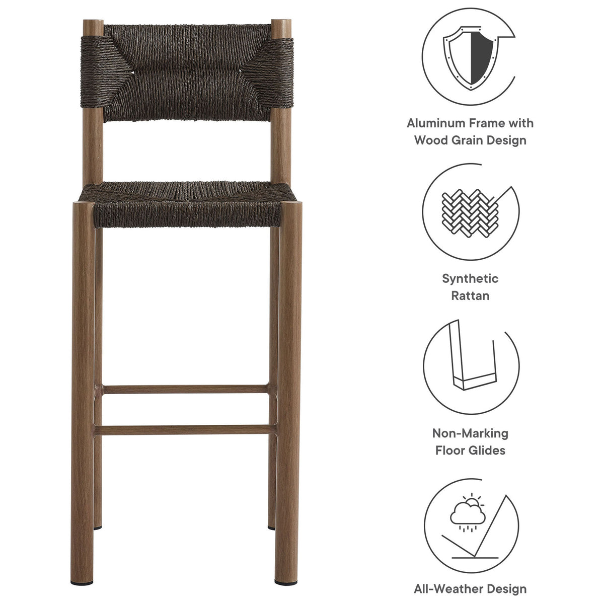 Feature graphic for walnut bar stool highlights aluminum frame, synthetic rattan, and non-marking glides || EEI-6984-WAL || callout_studio