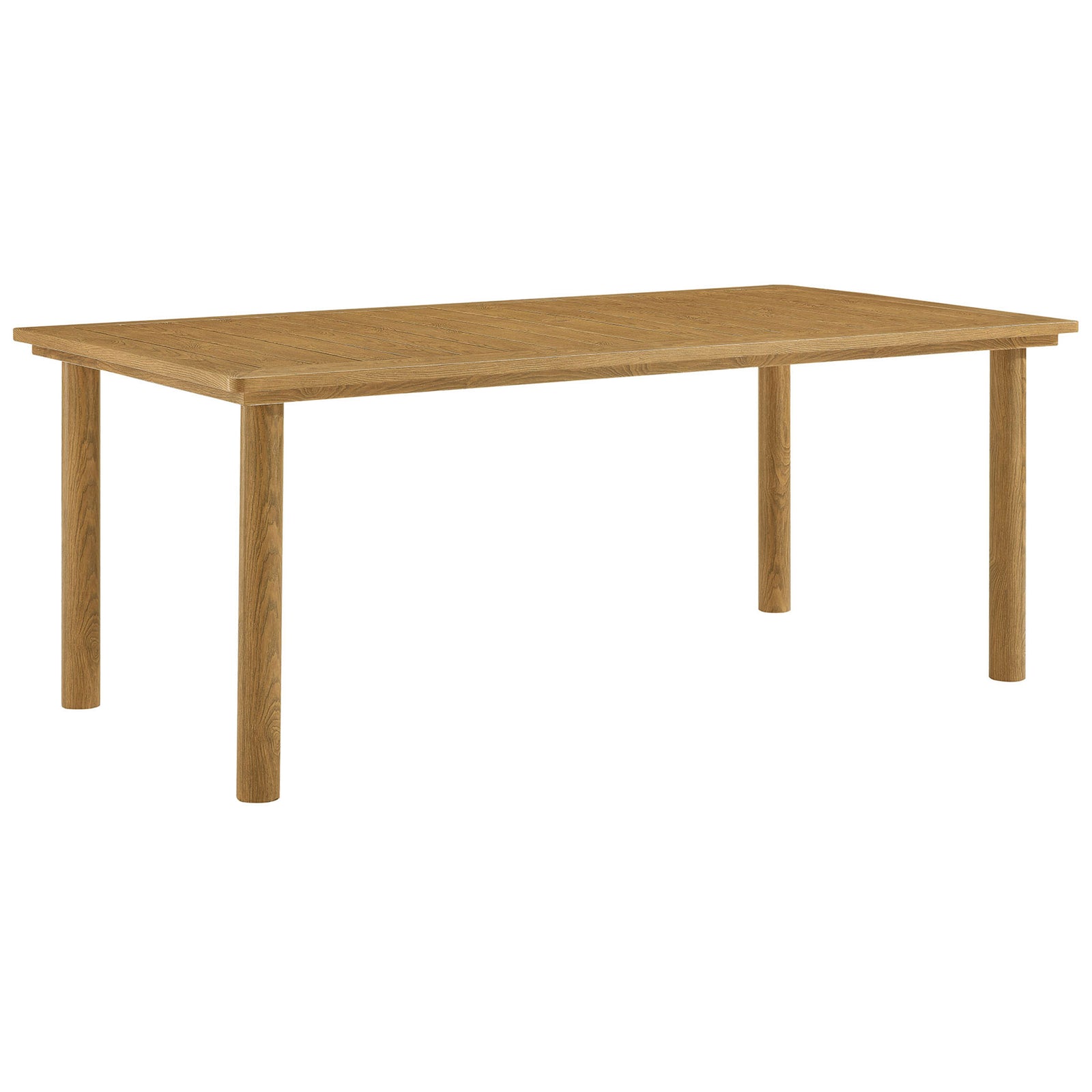 Natural wood-grain aluminum dining table with rounded legs and spacious slatted top for six || EEI-6985-NAT || front_angle_studio