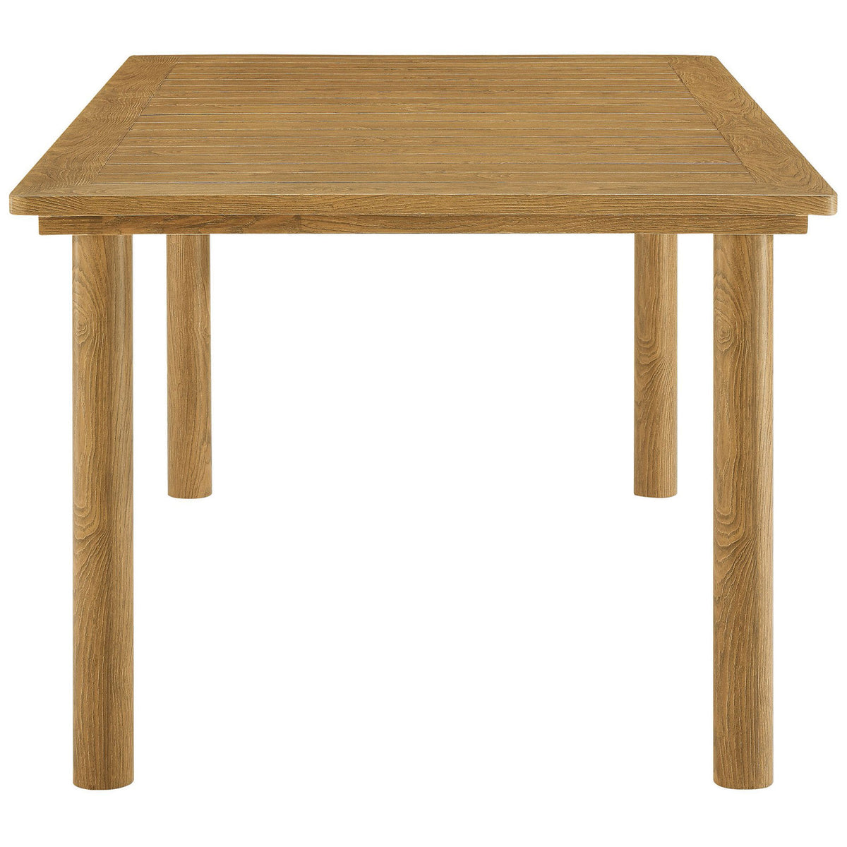 Slim rectangular patio table showcasing the natural wood-look finish and sturdy tubular legs || EEI-6985-NAT || side_studio