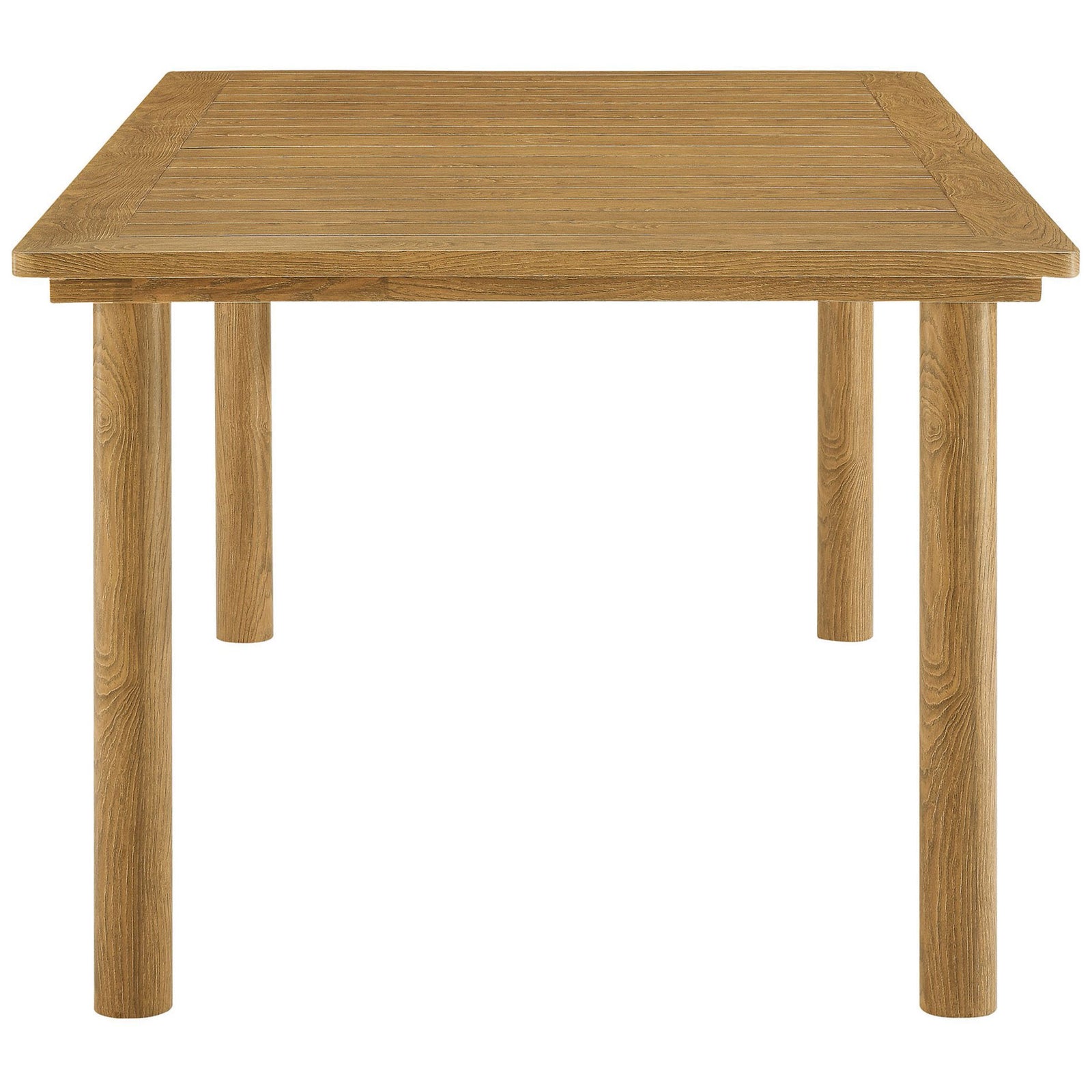 Slim rectangular patio table showcasing the natural wood-look finish and sturdy tubular legs || EEI-6985-NAT || side_studio