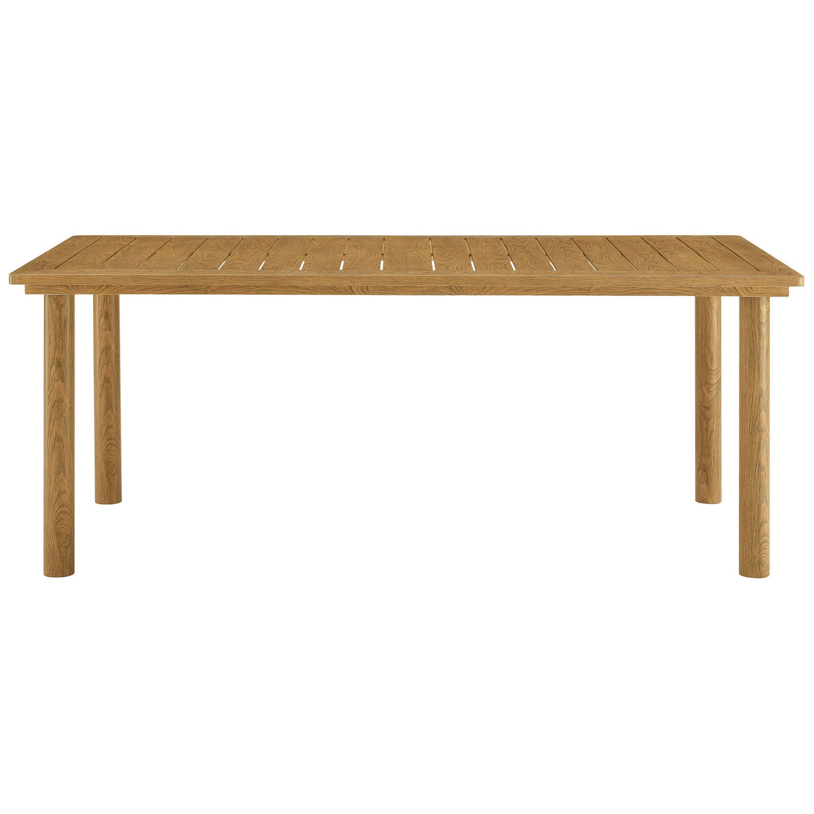 Spacious natural-finish outdoor dining table comfortably seating six on a clean slatted surface || EEI-6985-NAT || front_studio