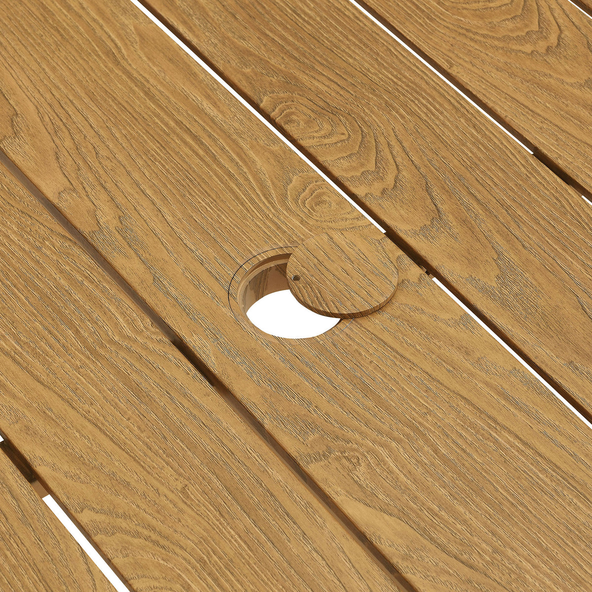 Slatted tabletop with removable umbrella cap and warm natural wood tone || EEI-6985-NAT || detail_studio