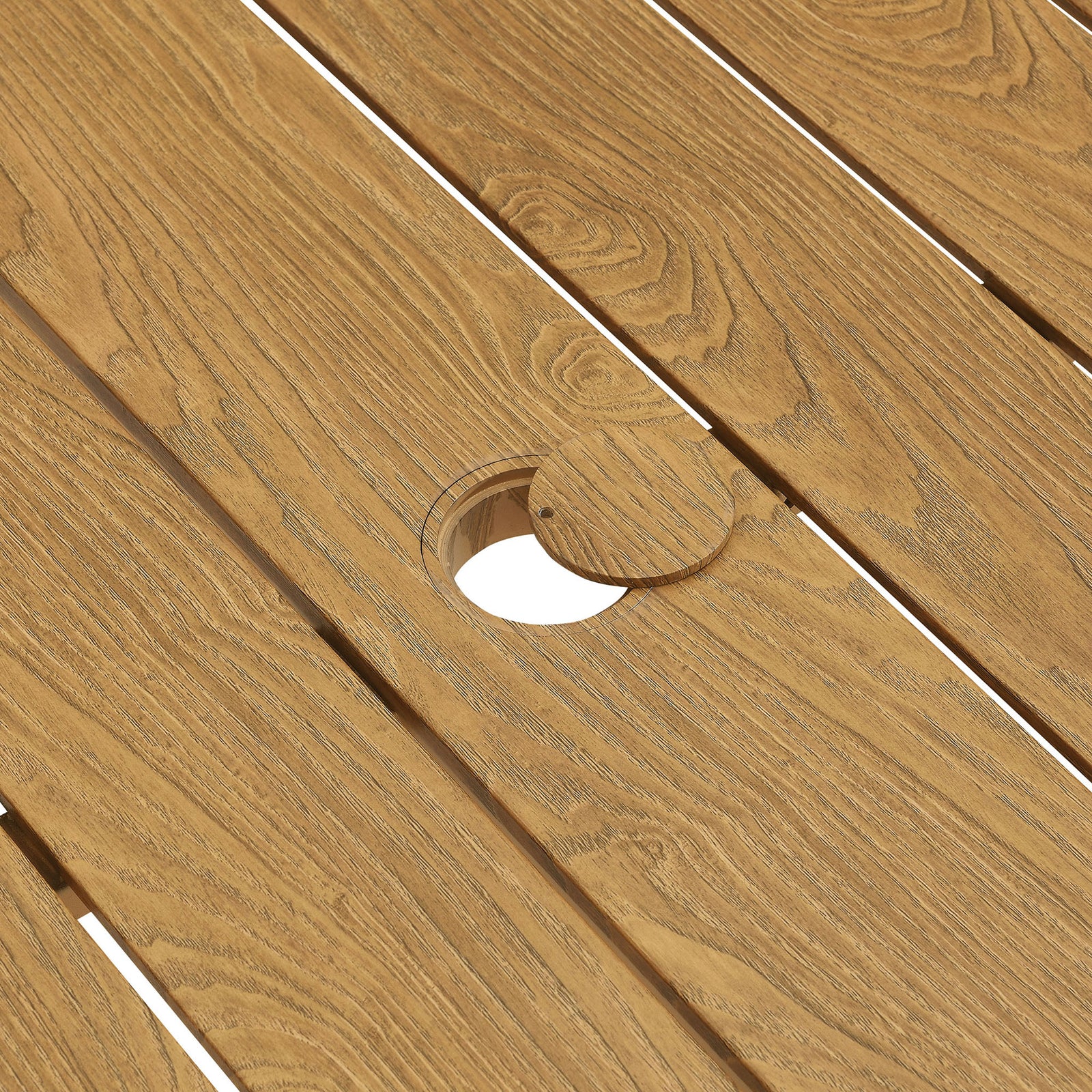 Slatted tabletop with removable umbrella cap and warm natural wood tone || EEI-6985-NAT || detail_studio