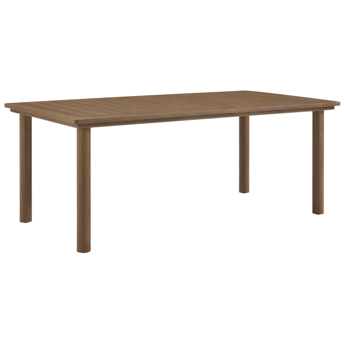 Walnut wood-grain aluminum dining table with rounded legs and generous slatted top for six || EEI-6985-WAL || front_angle_studio