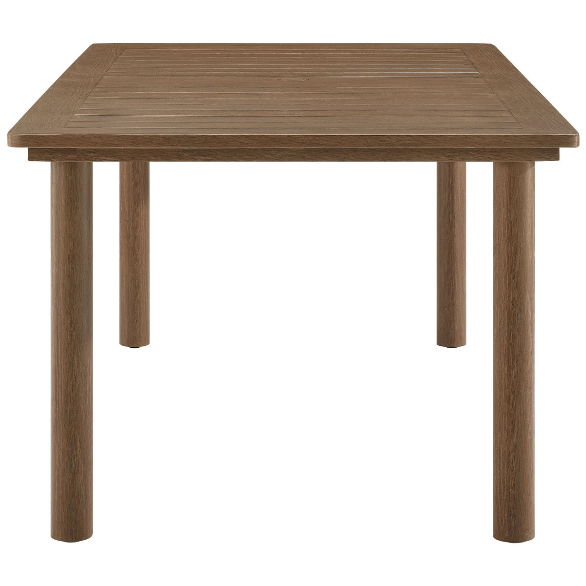 Streamlined rectangular patio table highlighting the rich walnut wood-look finish and sturdy legs || EEI-6985-WAL || side_studio