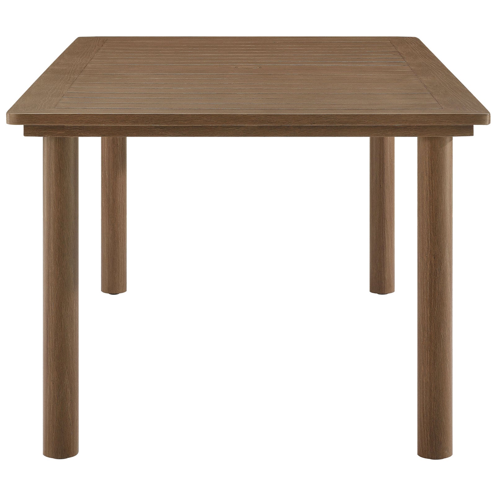 Streamlined rectangular patio table highlighting the rich walnut wood-look finish and sturdy legs || EEI-6985-WAL || side_studio