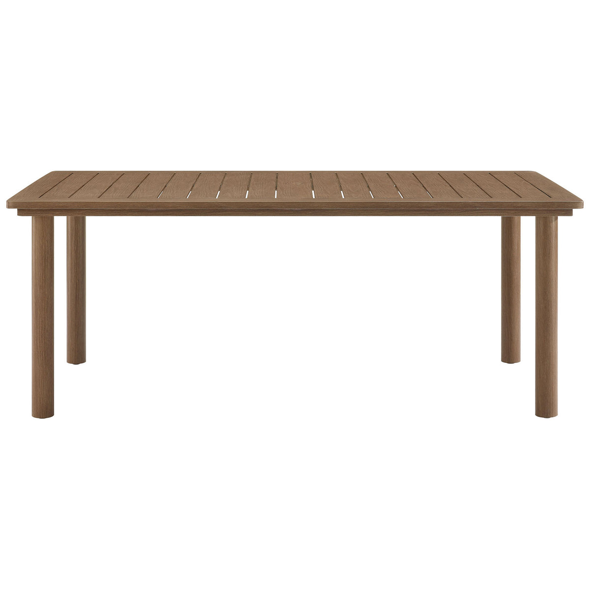 Spacious walnut-finish outdoor dining table designed to host six guests on a sleek slatted top || EEI-6985-WAL || front_studio
