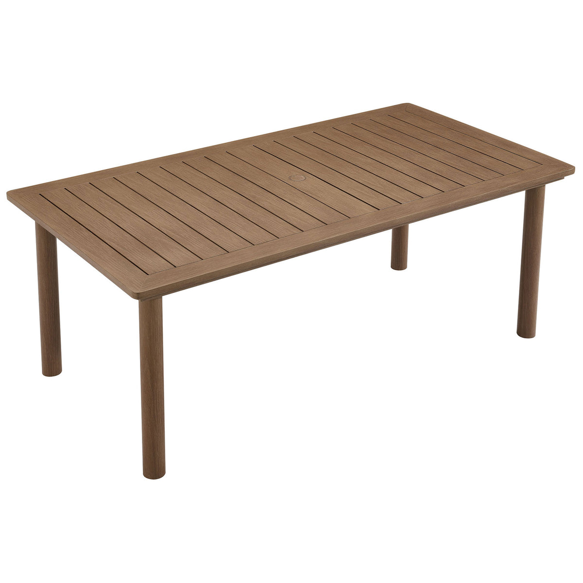 Rectangular walnut slatted tabletop with centered umbrella opening and lifelike wood grain pattern || EEI-6985-WAL || top_angle_studio